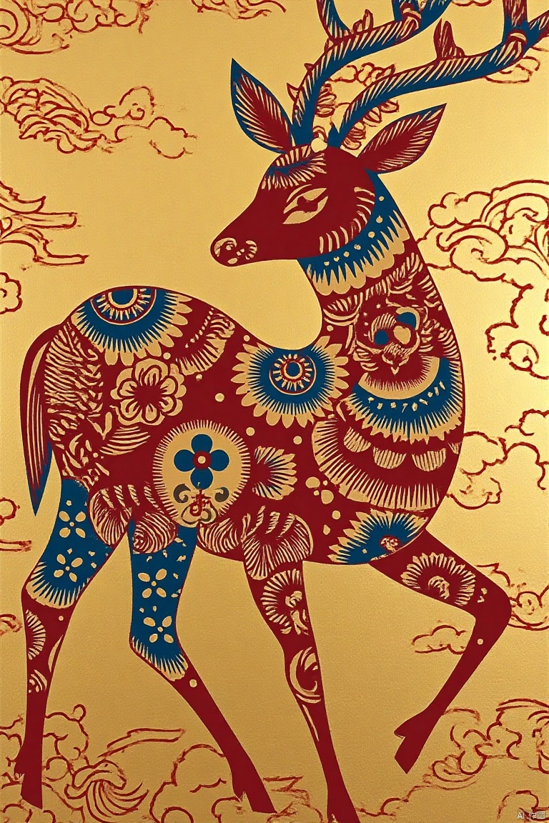 pixel and Pointillism style,Nine colored deer,covered with auspicious cloud patterns painted on gold foi,long legs,full body view