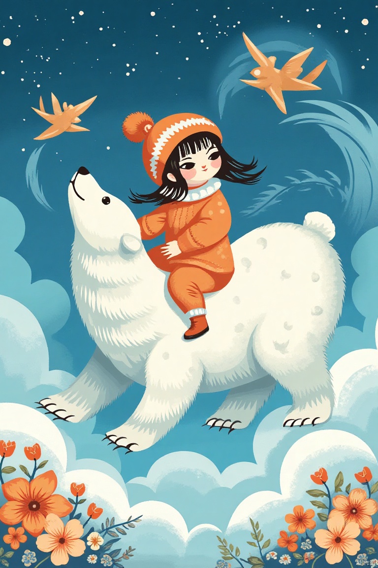  SK,A little girl is flying on the back of an ice bear,surrounded by flowers and clouds in the blue sky at night,The polar bears surround her with their heads raised high,It features orange accents against white backgrounds,showcasing charming characters. They wear light and create dreamy scenes
