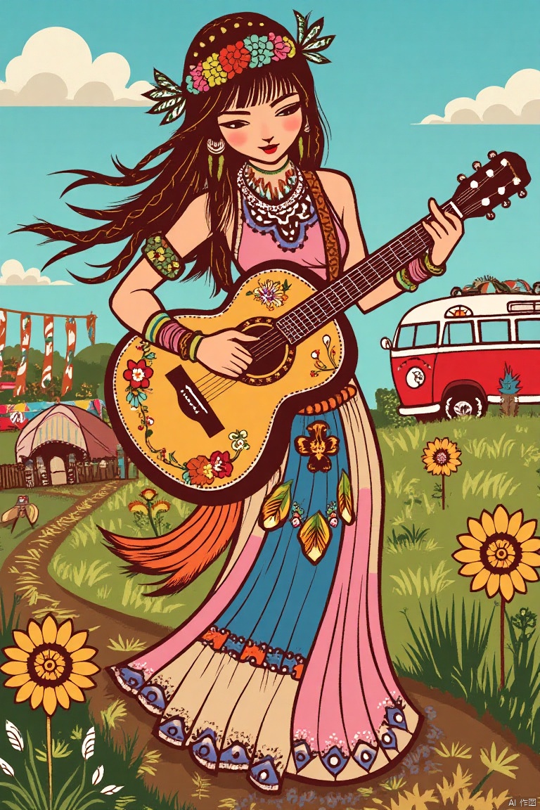 CJ illustration,western cartoon illustration of a free-spirited hippie woman, with flowing sun-bleached hair and warm brown eyes, her body wrapped in a flowing tie-dye maxi dress, standing in a contrast between natural beauty and music festival vibes.

Outfit Aesthetics:
Peace symbols and psychedelic patterns embedded in her dress that seem to shimmer.
Colorful wildflowers and feathers woven into her flowing hair.
Arm cuffs made of intricately braided leather and beads.
Friendship bracelets spiraling around her wrists in a rainbow of colors.

Background Aesthetics:
A vibrant outdoor music festival with colorful tents and banners.
Tall, decorated VW buses and geodesic domes looming in the background.
Fields of sunflowers and daisies surrounding the festival grounds.

Head tilted downward, both hands holding an acoustic guitar adorned with painted flowers, eyes peeking out dreamily from under her bangs as she strums a melody of peace and love.,Paper cutting,cgart illustration