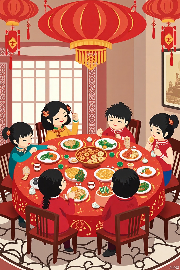 A colorful, whimsical illustration of a Chinese New Year dinner party in a traditional setting. The image is vibrant and detailed, featuring a round dining table covered in a red tablecloth with intricate patterns. Around the table, six characters are seated, dressed in traditional Chinese attire, with black hair and red or gold clothing. They are engaged in conversation and eating various dishes, including dumplings, noodles, and vegetables. The background features a traditional Chinese room with red lanterns hanging from the ceiling, a window with intricate patterns, and framed artwork on the walls. The floor is covered in a white and black patterned carpet. The characters have exaggerated, cartoon-like features, and the overall style is playful and whimsical. The image is rich in color, with reds, golds, and blacks dominating the palette. The scene is lively and festive, capturing the joy and tradition of the Chinese New Year.