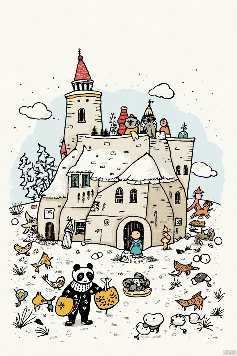 An illustration by Mattias Adolfsson, panda, fun, snowmountaion