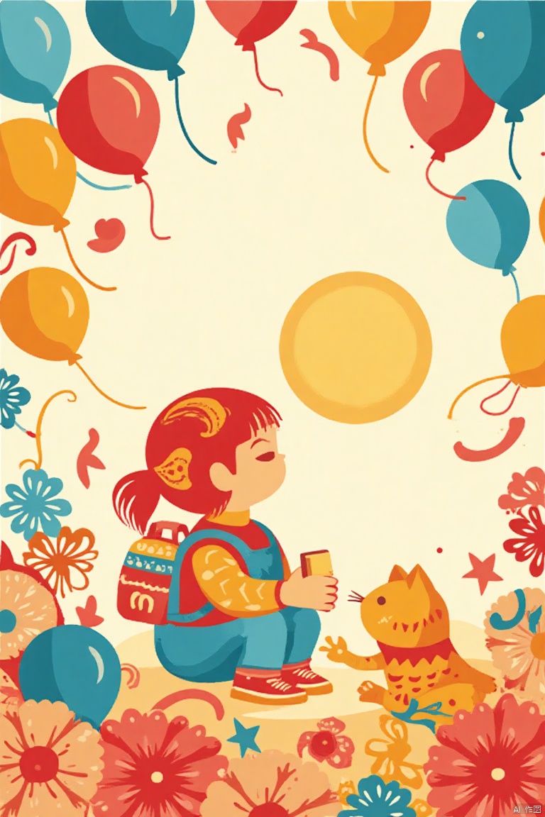 paper cut art of A bright and airy scene: a single girl, beaming with happiness, plays with a curious cat amidst a sea of colorful balloons. The sun shines through the clearness of the atmosphere, casting a warm glow on the joyful trio.