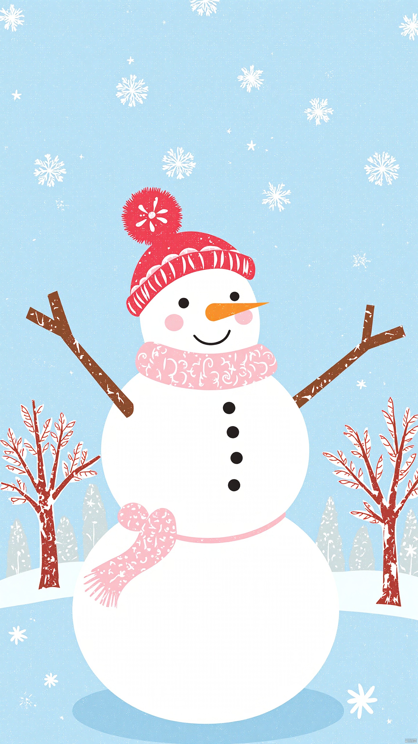 Snowman, winter scene, cartoon style, snowflakes, leafless trees, blue background, smile, carrot nose, red fluffy ball hat, branch arm, three black buttons, joyful atmosphere, light snow, pink, children's book illustration, illustration, digital art, natural, peaceful, seasonal, simple style, textured paper effect, rural, harmonious, soft colors, soft lighting, children's hand drawing, pencil drawing, illustration, bright colors, rich and colorful content, increased details, improved clarity, extremely high resolution,Minimalism illustration, flat color