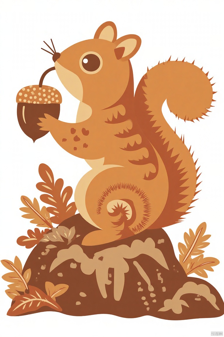 Best quality, Children's Illustration Style,  A squirrel is sitting on a rock, eating acorns.,Paper cutting,cgart illustration