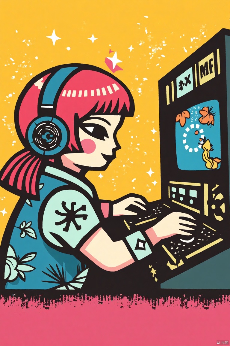 A girl with pink hair wearing headphones operates a machine from the 1980s, yellow background