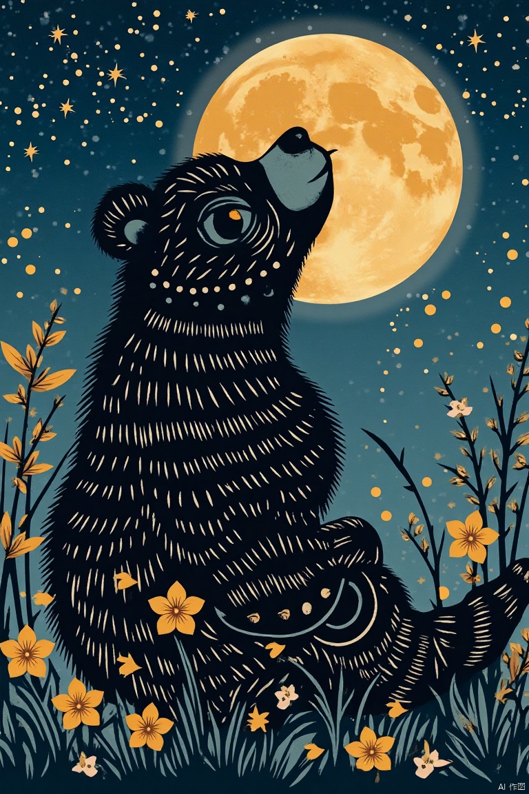 A bear sits on the grass,surrounded by fireflies and wildflowers,stars and the moon