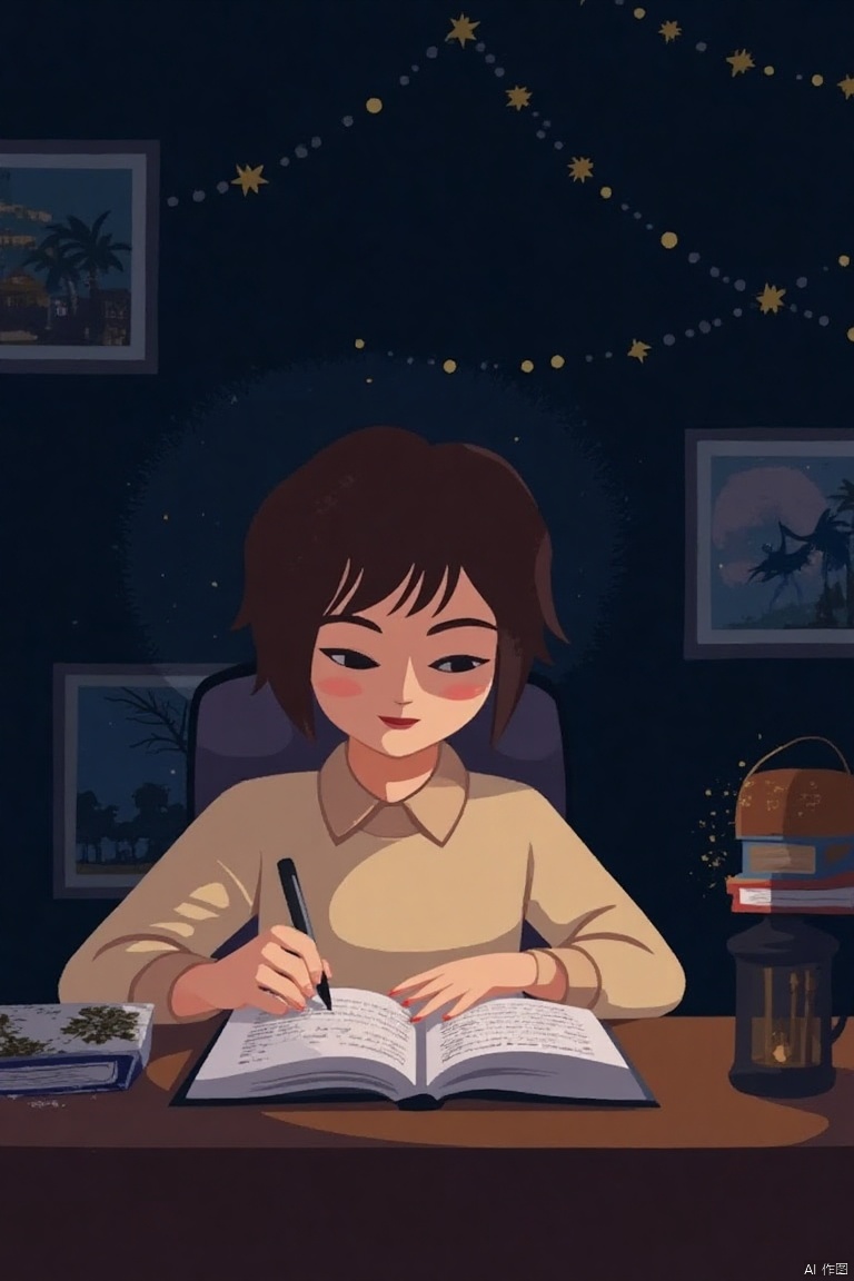 CJ_illustration,(best quality),(Masterpiece),there is a girl reading a book,Desk,night,
