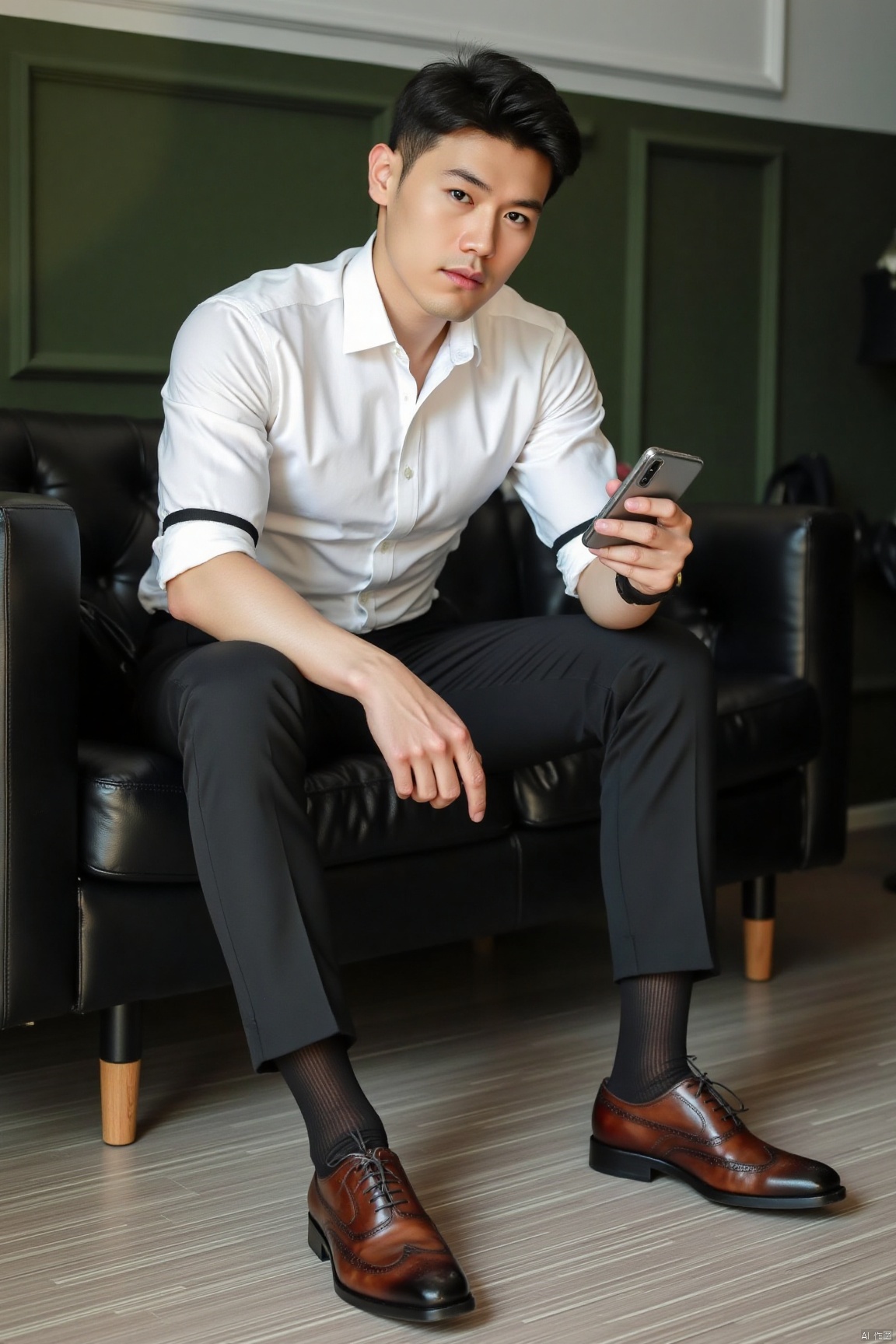 jzns,zuk,1man,solo,realistic,male focus, shirt, black hair, sitting, pants, white shirt, brown footwear, indoors, looking at viewer, black pants, holding, sleeve garter,armband, sleeves rolled up, couch,black sheer socks, vertical stripes socks, holding phone, magnificent, masterpiece, realistic, best quality, highly detailed,zuk