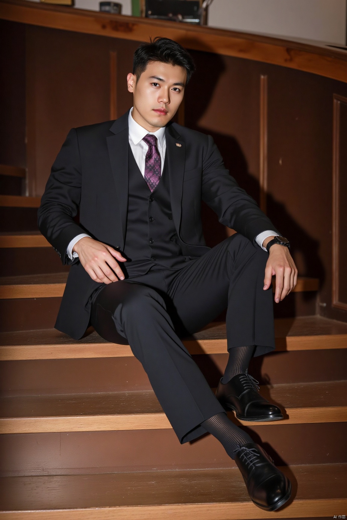 jzns,zuk,1man,solo,realistic,male focus, purple necktie, black footwear, watch, looking at viewer, full body, black suit,white shirts,black vest,black pants,black sheer socks,vertical stripes socks, sitting on stairs, masterpiece, realistic, best quality, highly detailed,zuk
