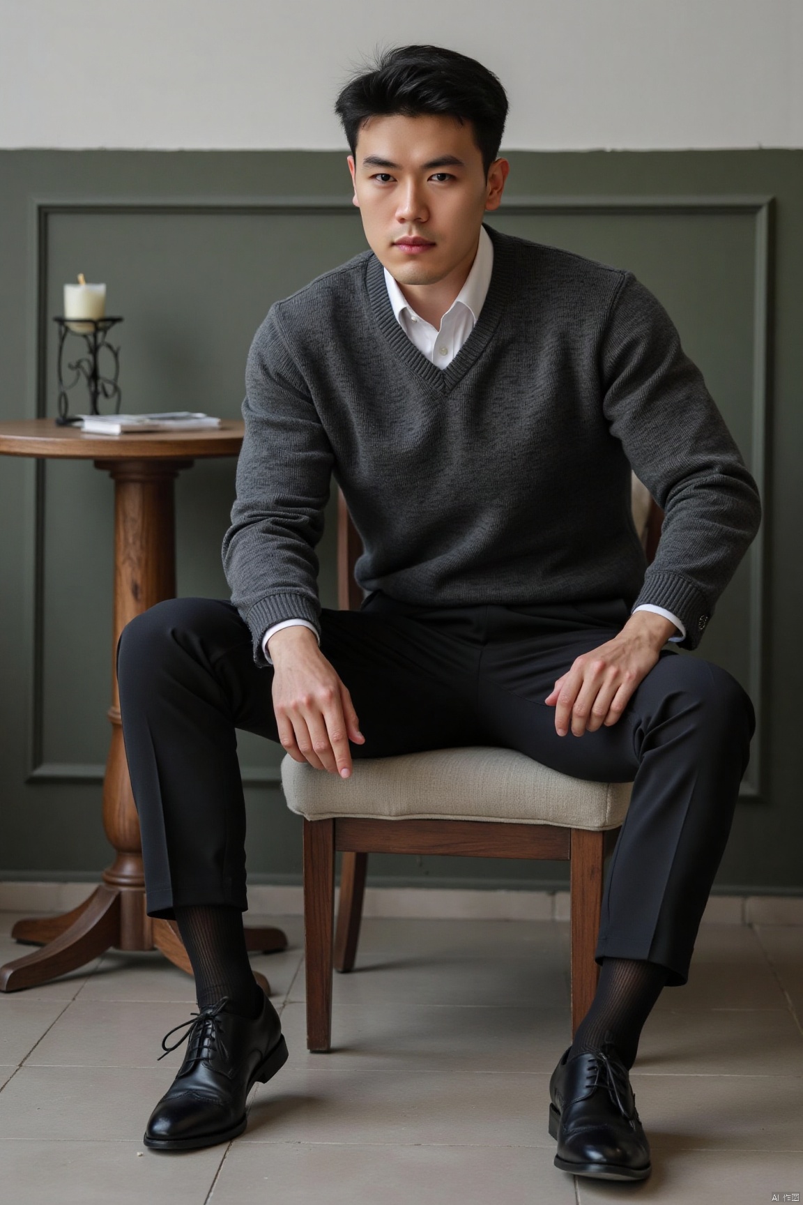 jzns, 1man,fashion model,asian,exquisite facial features,handsome,Business fashion,wearing sweater,shirt,pants, black sheer socks,vertical stripes socks,Oxford style footwear,sitting,full body,indoors, natural  Lighting,magnificent,,masterpiece, realistic, best quality, highly detailed,zuk