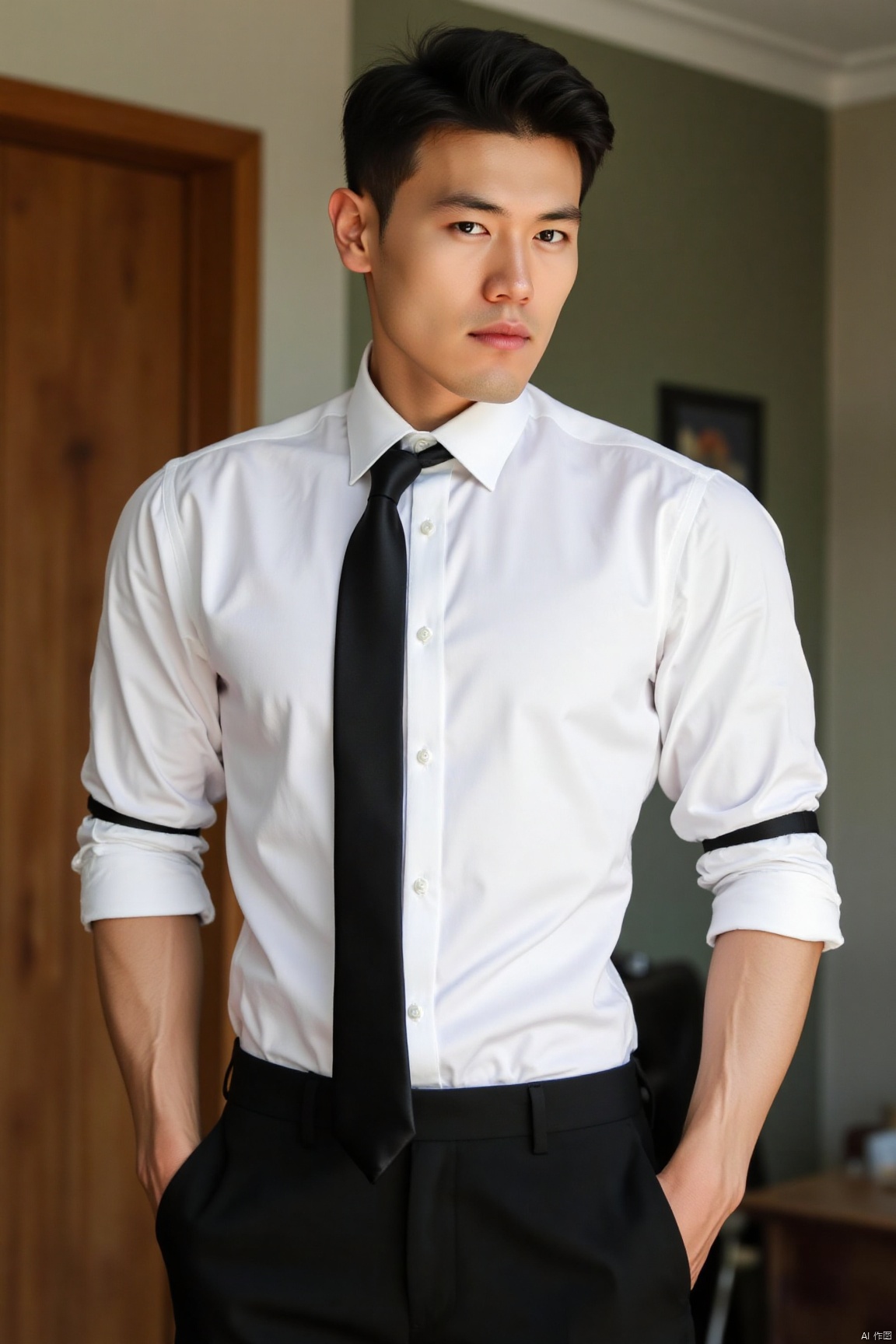 jzns,zuk,1man,solo,realistic,male focus,solo, black pants, white shirt, black necktie, collared shirt, looking at viewer, standing, sleeve garter,armband, sleeves rolled up, bust, untied necktie, indoors, masterpiece, realistic, best quality, highly detailed,zuk