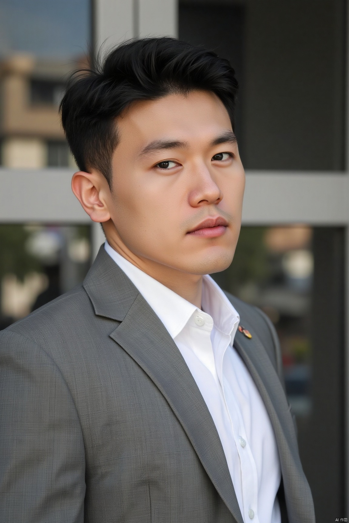 jzns,zuk,1man,solo,realistic,male focus, shirt, blurry, blurry background, white shirt, portrait, grey suit, looking back,masterpiece, realistic, best quality, highly detailed,zuk