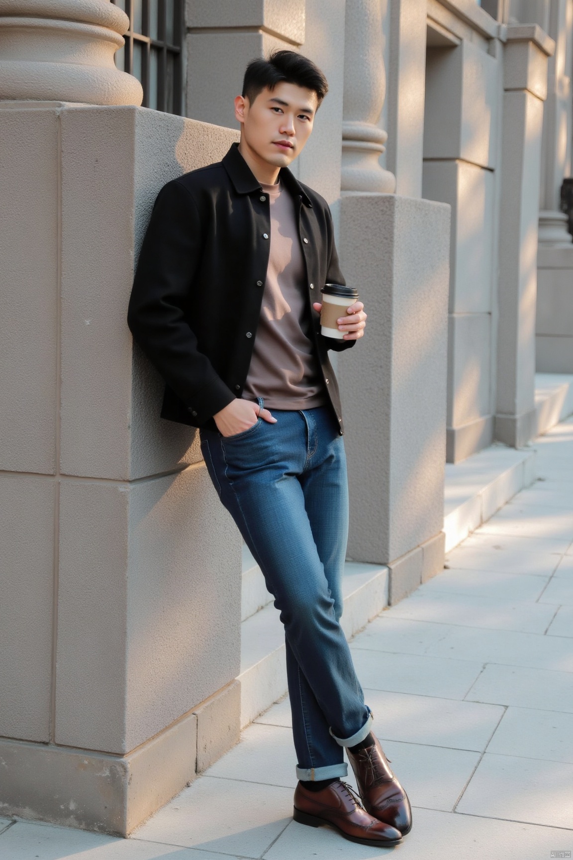 jzns,zuk,1man,solo,realistic,male focus, holding cup, hand in pocket, outdoors, brown footwear, black jacket, full body, feet crossed, black jacket,blue jeans, brown T-shirt, leaning against the wall, looking at viewer
