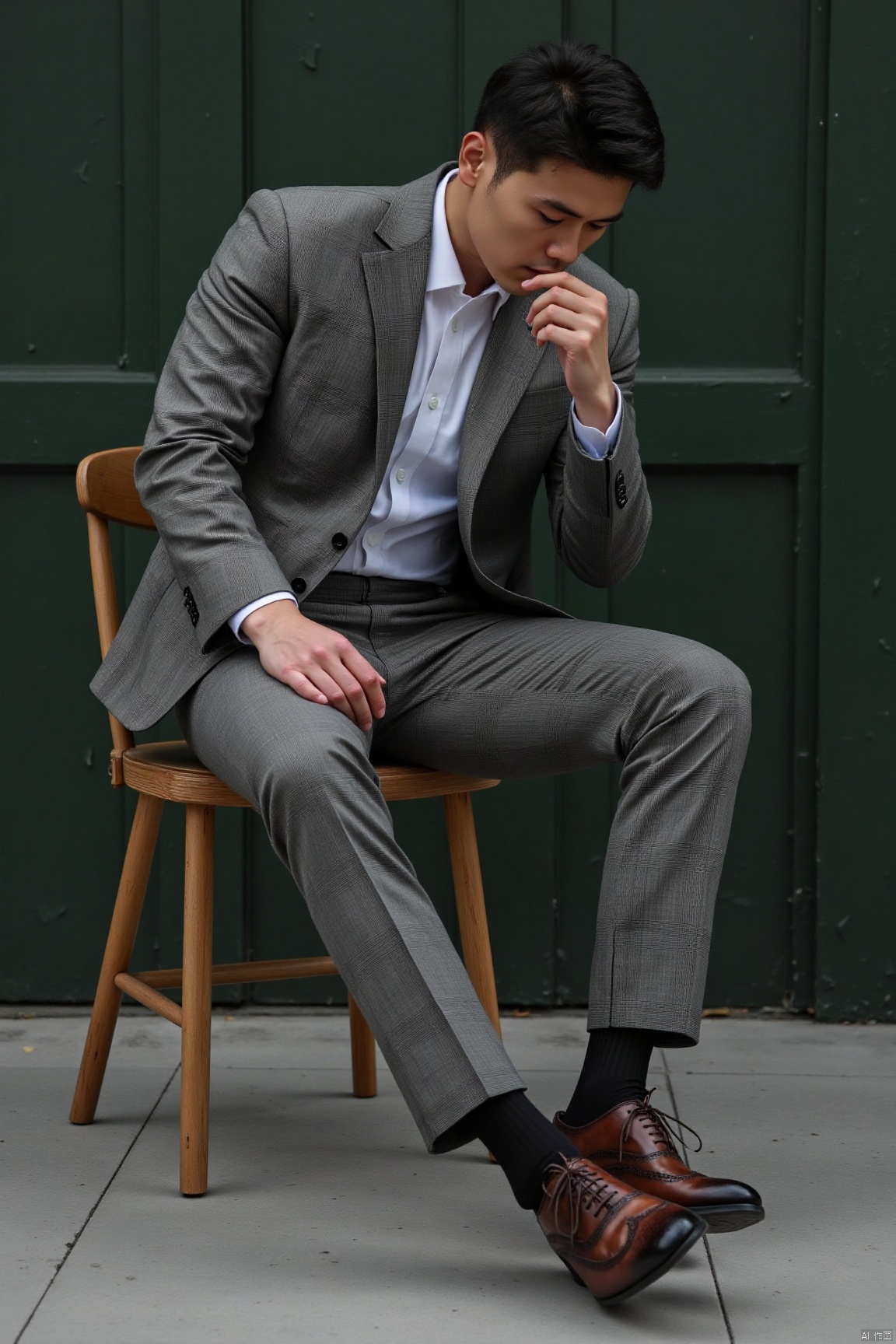 jzns,zuk,1man,solo,realistic,male focus, sitting, brown footwear, Glen plaid, grey suit,grey pants,black necktie,white shirt, brown footwear,black socks, looking down, arranging the hems of his trousers,masterpiece, realistic, best quality, highly detailed,zuk