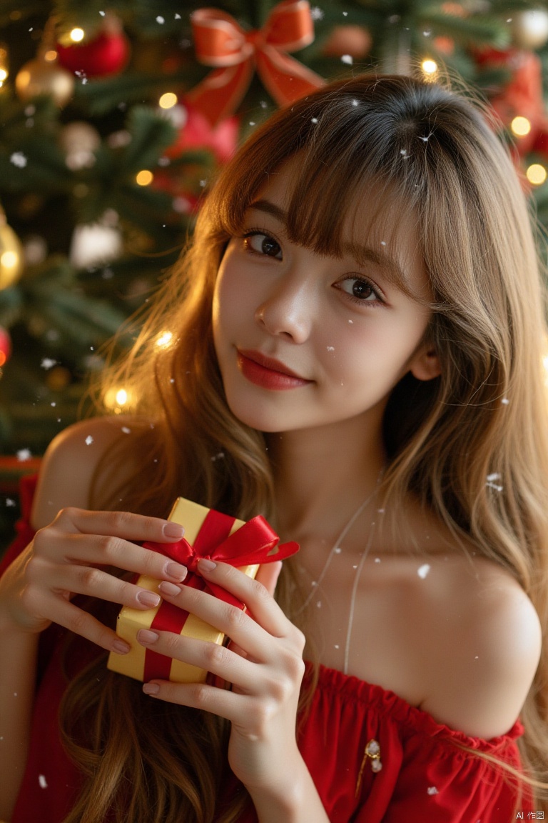 A close-up shot of a young Asian woman with long brown hair and blue eyes.Eye-level Christmas tree with red bow, yellow star, red ribbon, white snow. Female figure beside, long hair, red dress, holding a gift box, soft smile. Snowflakes gently falling,