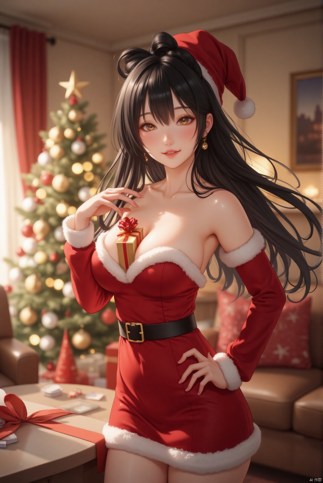 A radiant Asian woman with long, flowing jet-black hair stands poised in a luxurious living room, her eyes sparkling with holiday cheer. She's dressed in a red Santa costume that accentuates her curves, complete with a white fur trim and a belt that cinches at her waist. Her pose is playful and seductive, one hand on her hip, the other gently holding a gift box that rests between her breasts. The gift box, wrapped in gold paper with a red ribbon, is nestled perfectly in her cleavage, drawing the eye to the alluring display. The soft lighting highlights her warm skin tone, and her smile is as bright as the twinkling lights on the nearby Christmas tree.