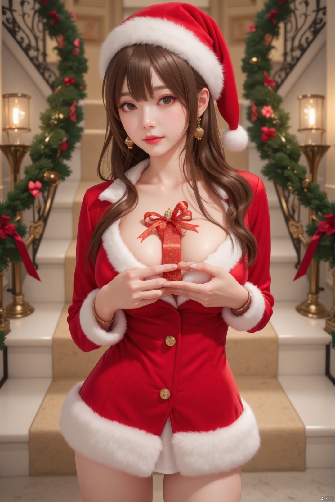 A graceful Asian woman with soft, brown hair that frames her delicate features is captured in a moment of holiday elegance. She stands in front of a grand staircase, her attire a sophisticated Santa suit with a fitted red jacket and a short, flared skirt. A Santa hat sits atop her head at a playful angle. She holds a gift box, its festive wrapping and ribbons a stark contrast to her creamy skin, between her breasts with both hands. The gift box is positioned just so, highlighting her cleavage and adding a touch of mischief to her poised demeanor. The background is a grand hall, decorated for the season with garlands and wreaths, enhancing the festive mood.