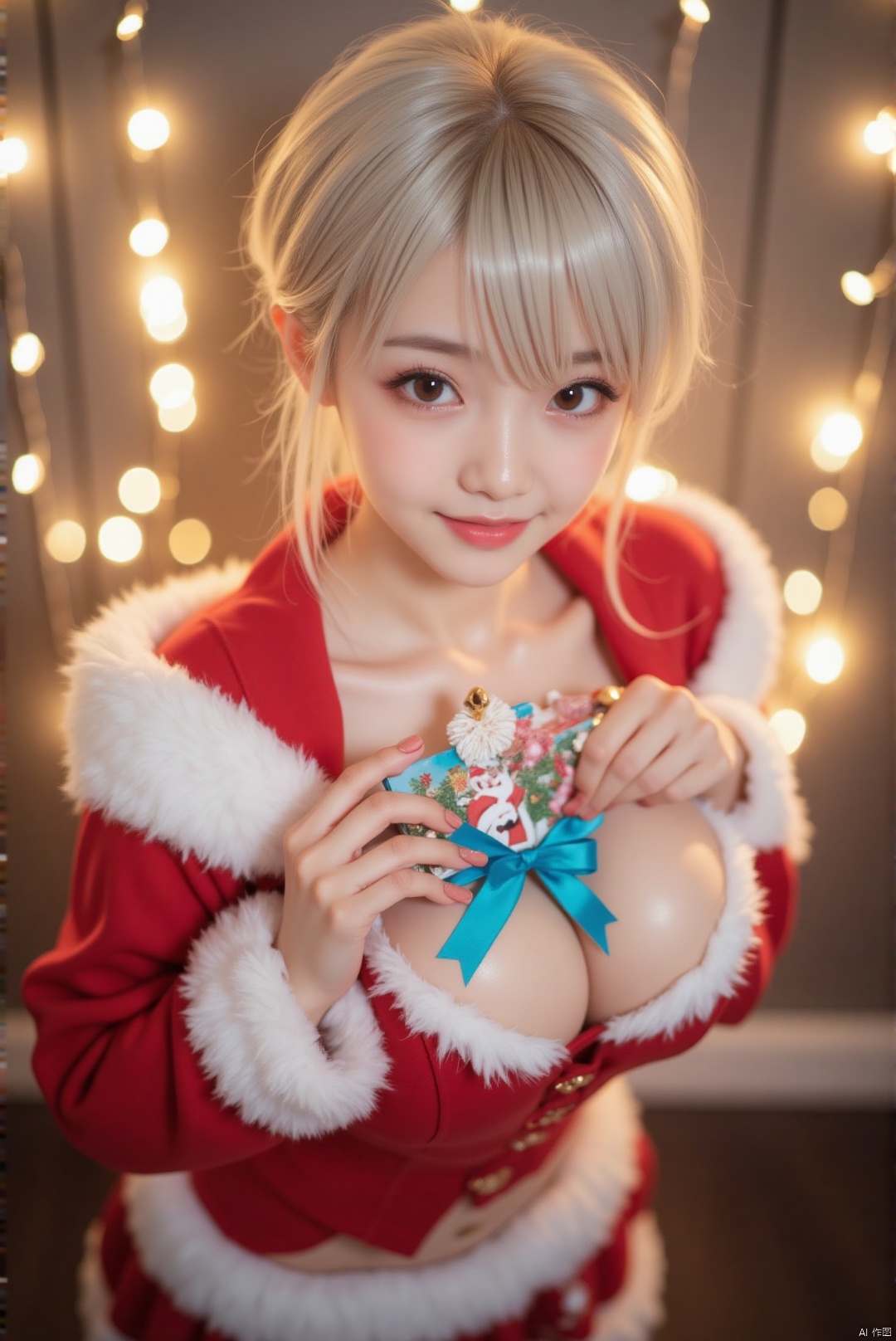 A petite Asian woman with pixie-cut, ash-blonde hair stands against a wall of twinkling fairy lights, her expression one of playful anticipation. She is dressed in a Santa costume that highlights her petite frame, with a red jacket and a white fur-trimmed skirt. The gift box she holds between her breasts is the central focus, wrapped in holiday-themed paper with a bright blue ribbon. Her hands are positioned to draw attention to the box, one finger slightly under the ribbon, suggesting a teasing reveal. The soft glow of the lights and her coy smile create an intimate, holiday-themed portrait.