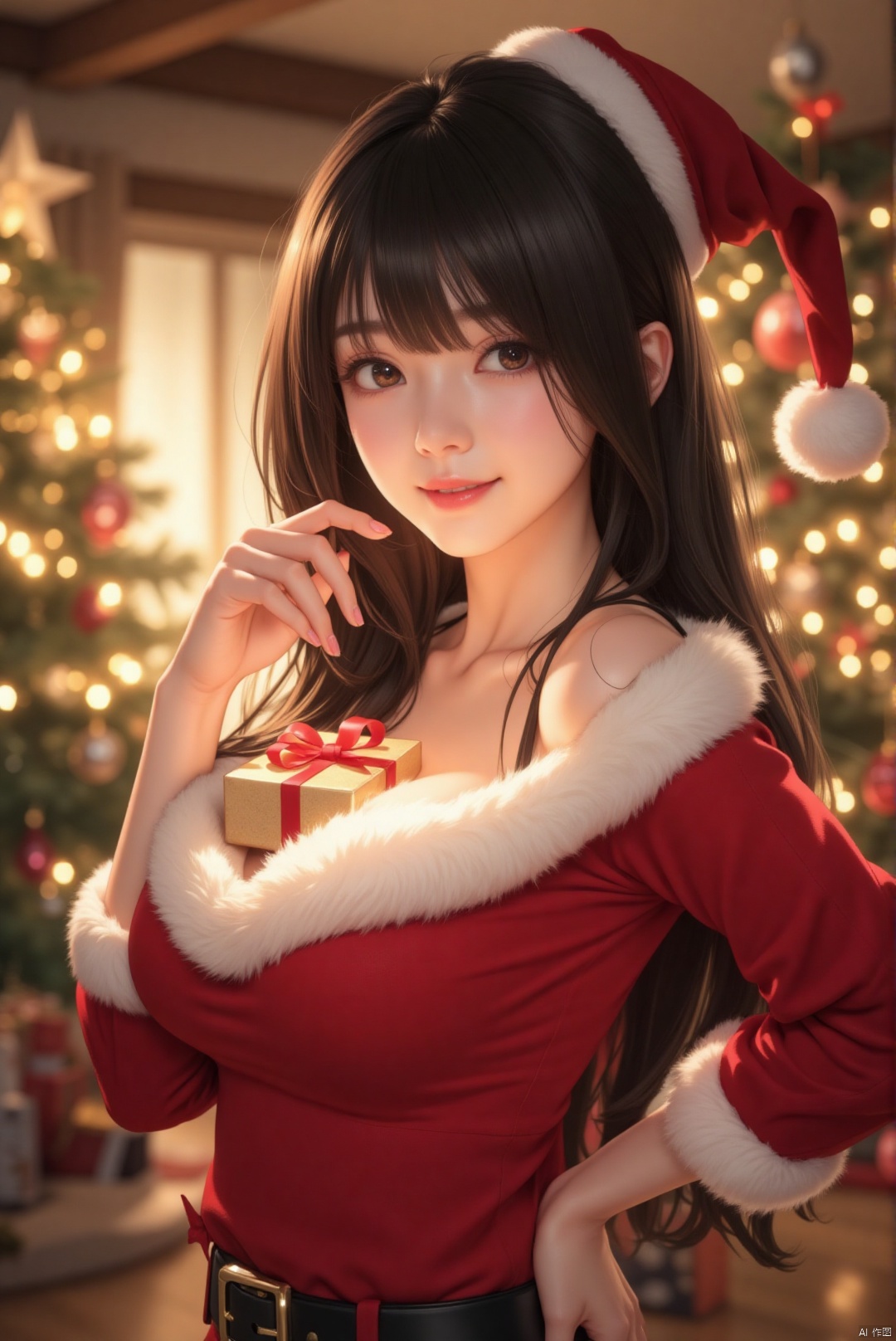 A radiant Asian woman with long, flowing jet-black hair stands poised in a luxurious living room, her eyes sparkling with holiday cheer. She's dressed in a red Santa costume that accentuates her curves, complete with a white fur trim and a belt that cinches at her waist. Her pose is playful and seductive, one hand on her hip, the other gently holding a gift box that rests between her breasts. The gift box, wrapped in gold paper with a red ribbon, is nestled perfectly in her cleavage, drawing the eye to the alluring display. The soft lighting highlights her warm skin tone, and her smile is as bright as the twinkling lights on the nearby Christmas tree.