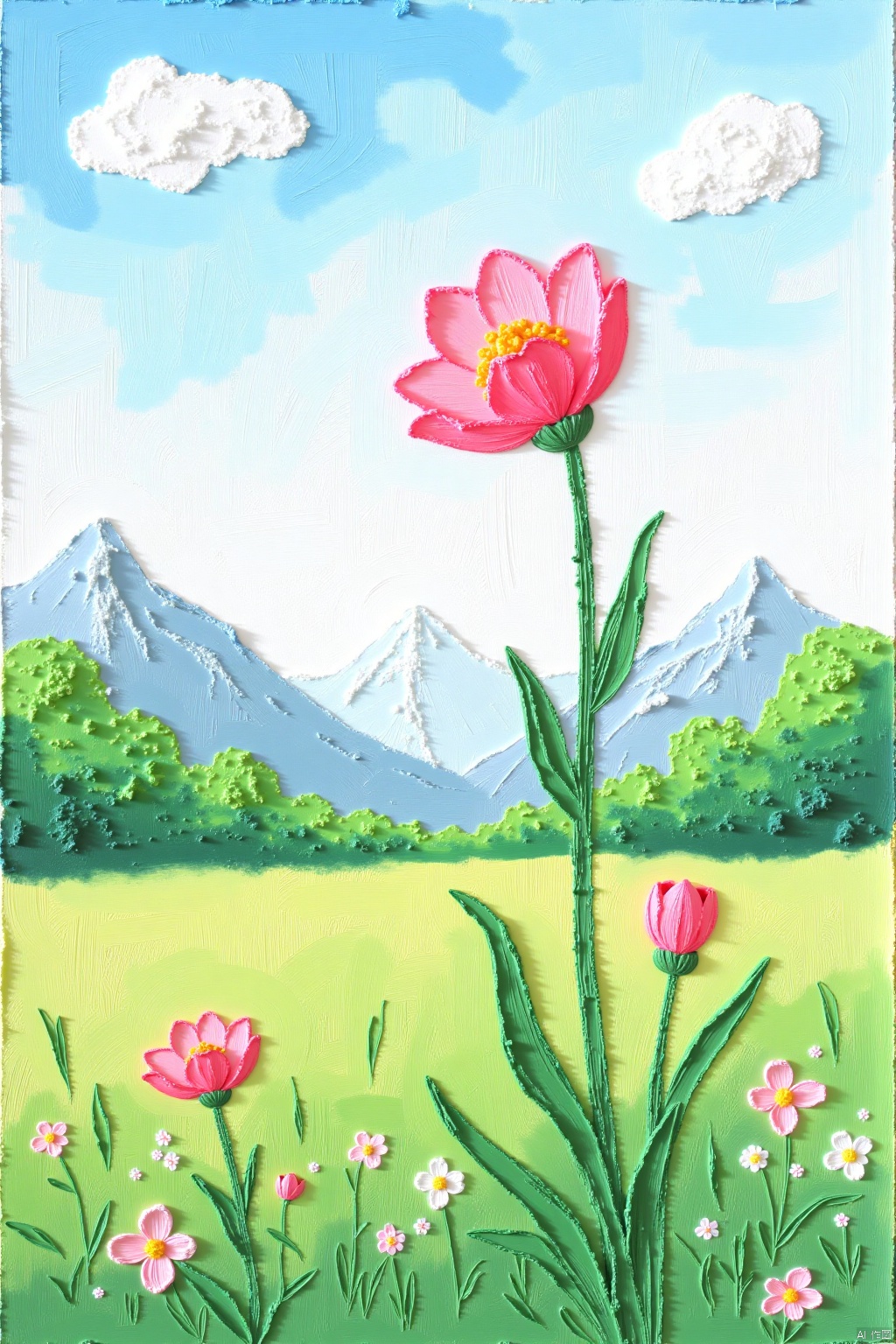 oil pastels,flower, outdoors, sky, signature, no humans, grass, scenery, pink flower, mountain
,Oil painting stick