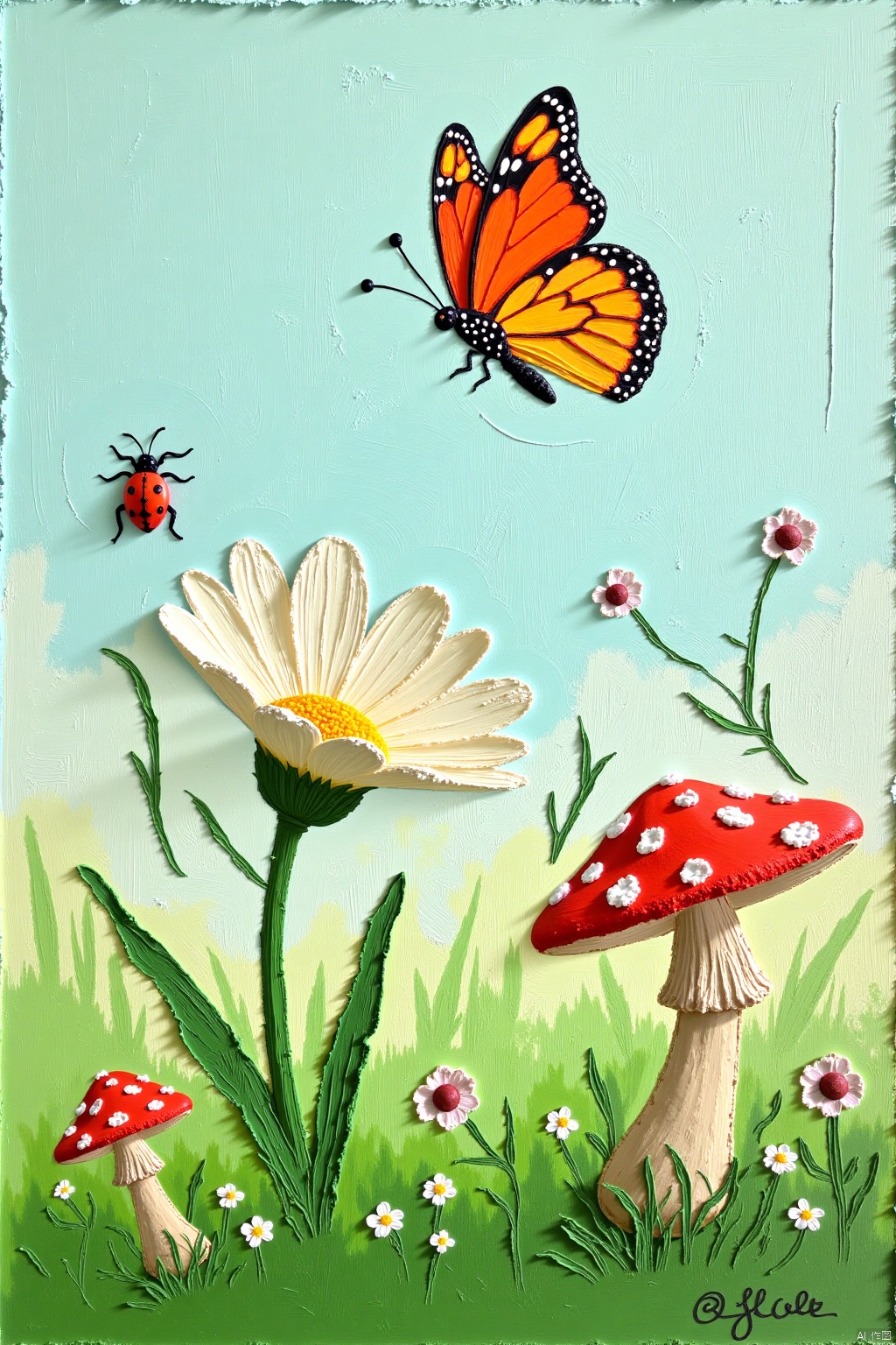 oil pastels,solo, flower, outdoors, artist name, no humans, grass, bug, plant, white flower, butterfly, antennae, mushroom,Oil painting stick