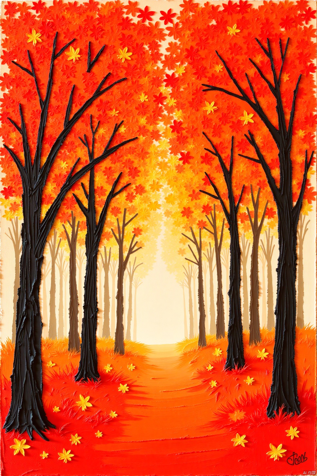 oil pastels,outdoors, tree, no humans, leaf, nature, scenery, forest, autumn leaves, maple leaf, autumn, orange theme
,Oil painting stick