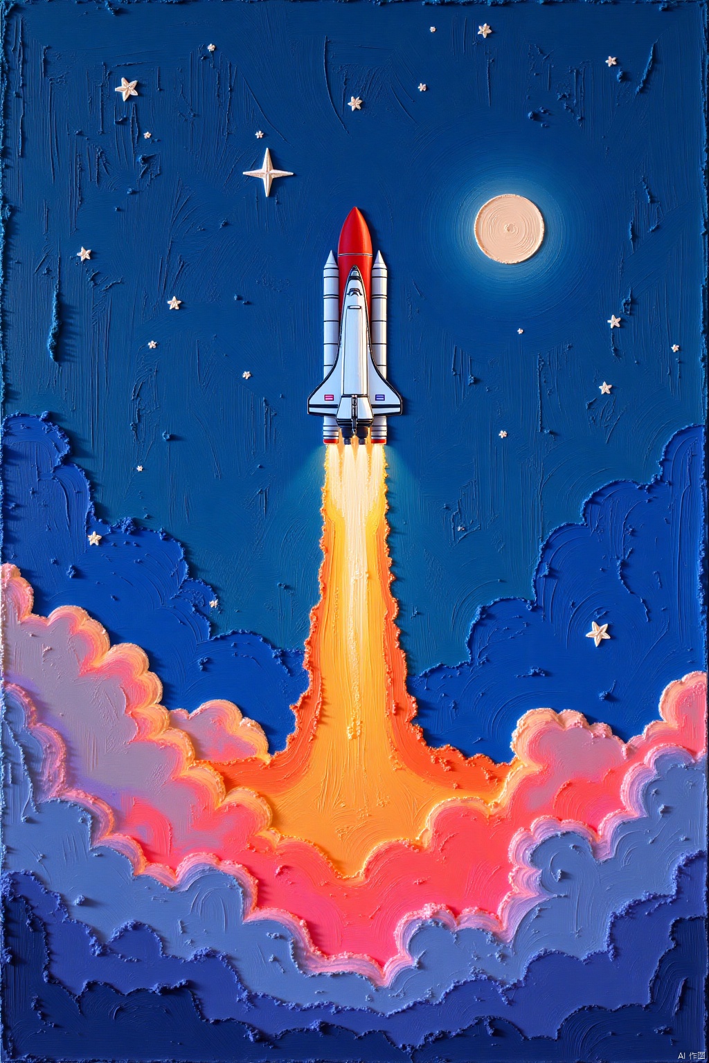 oil pastels,sky, military, no humans, night, moon, fire, star \(sky\), full moon, flying, science fiction, aircraft, airplane, vehicle focus, spacecraft, rocket,Oil painting stick