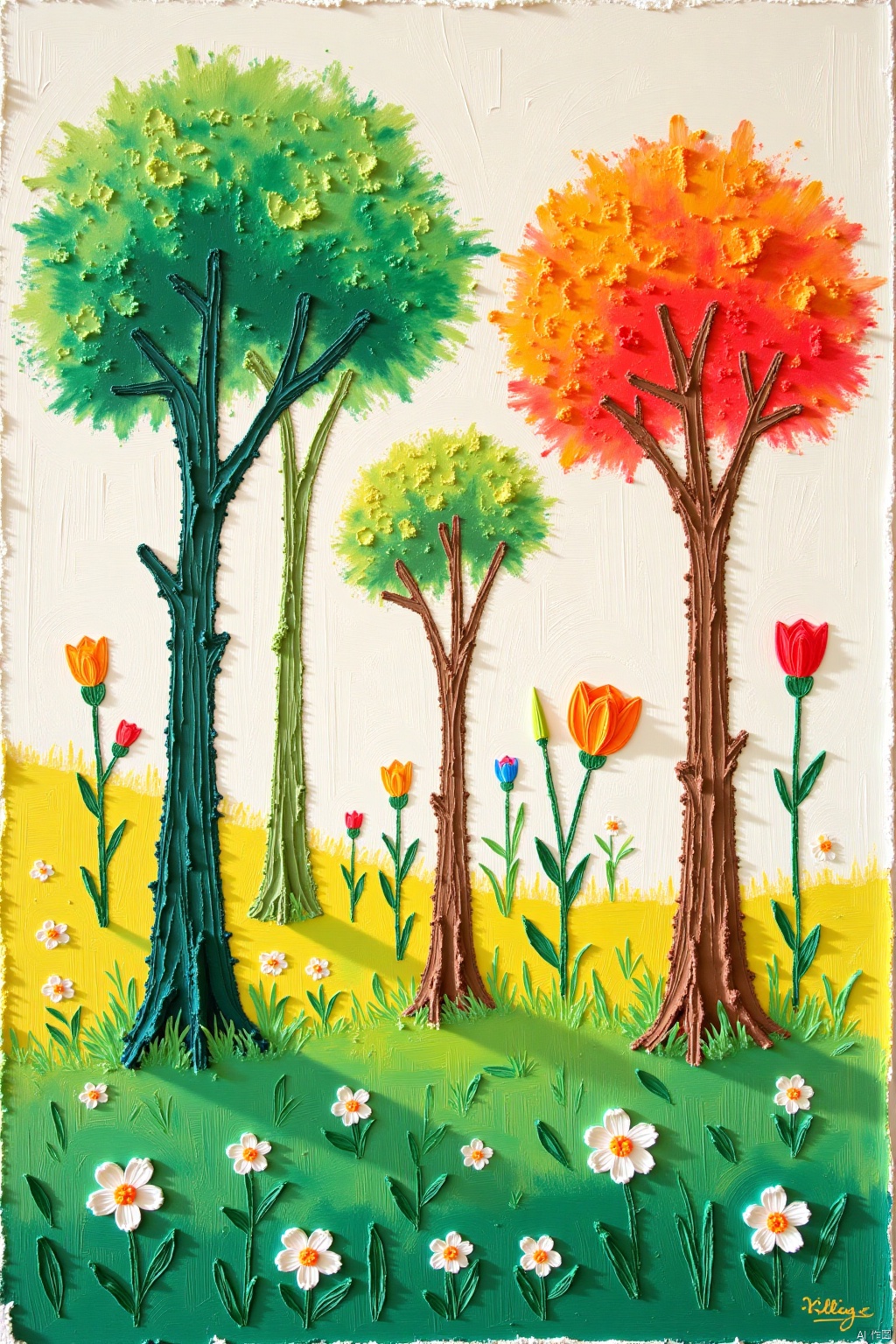 oil pastels,flower, outdoors, tree, no humans, grass, plant, white flower, scenery,Oil painting stick