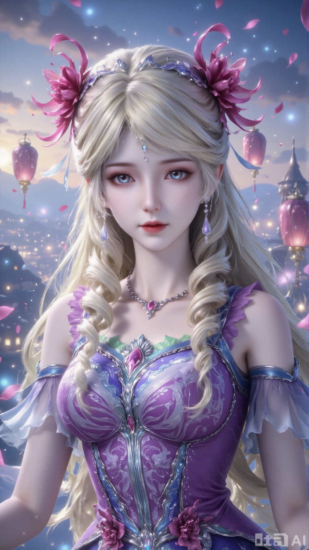 Sky, architecture, night sky, scenery, sunset, lanterns, Kongming lanterns, cities, urban landscapes, paper lanterns, and putting Kongming lanterns on,upper body, long hair, standing, highest quality, exquisite CG, water drops on hair, beautiful goddess, close-up, exquisite face, exquisite lips, exquisite eyes, exquisite nose, 1 girl, solo, long hair, blue eyes, blondehair, hair accessories, jewelry, braids,  flowers, earrings, necklaces, curly hair, bare shoulders, jewelry, purple dress.,1 girl,solo,long hair,blue eyes,blonde hair,hair accessories,jewelry,braids,flowers,earrings,necklaces,curly hair,bare shoulders,purple dress.,buildings,night sky,scenery,sunset,lanterns,Kongming lanterns,cities,urban landscapes,paper lanterns,