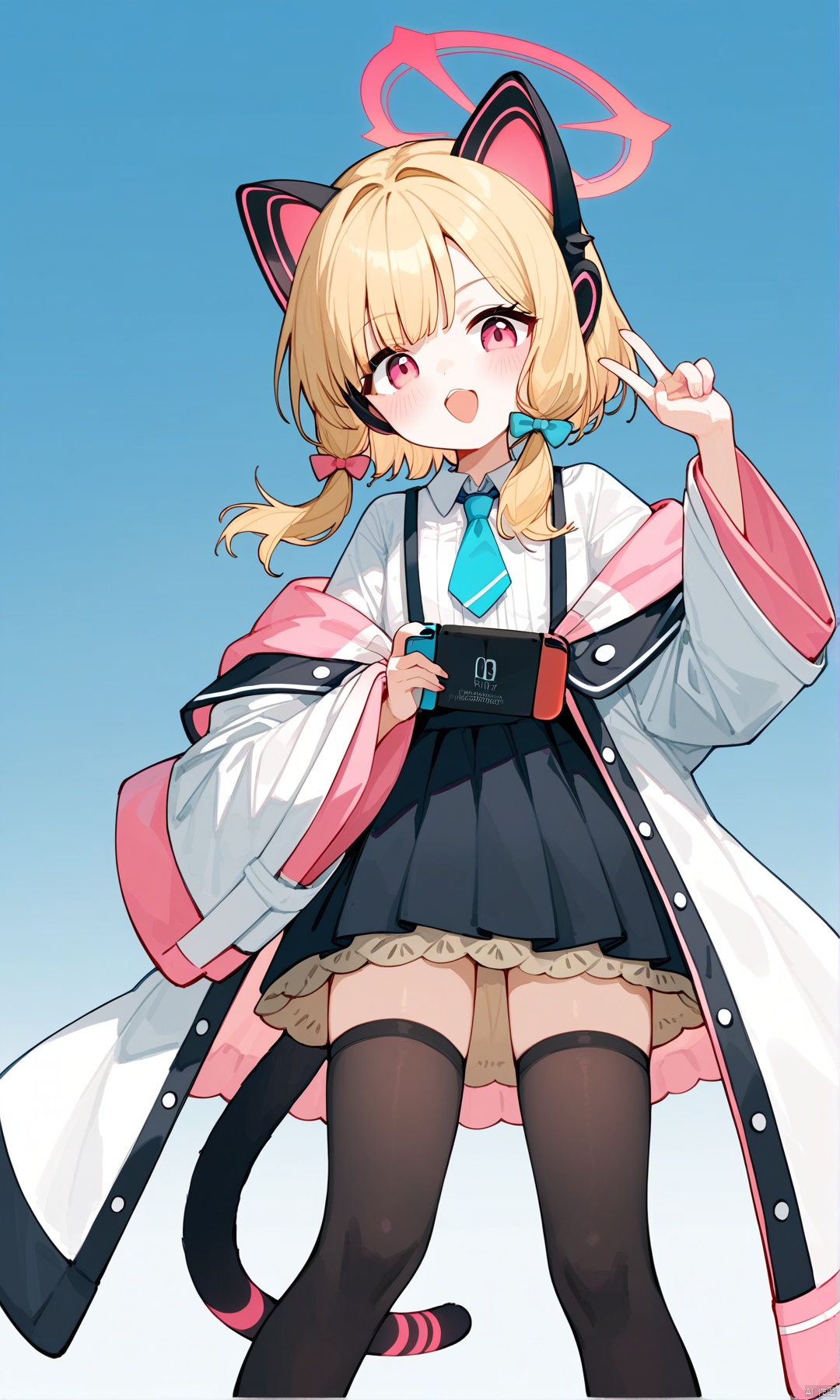 (score_9,score_8_up,score_7_up), (masterpiece),( beautiful),(high quality),(finely detailed),extremely detailed CG unity 8k wallpaper,best quality, 1girl, solo, looking at viewer, blush, short hair, open mouth, skirt, blonde hair, simple background, shirt, red eyes, thighhighs, long sleeves, white background, bow, holding, animal ears, jacket, tail, white shirt, hair bow, necktie, collared shirt, black thighhighs, cat ears, wide sleeves, black skirt, pink eyes, cat tail, fake animal ears, headphones, halo, white jacket, blue necktie, multicolored jacket, nintendo switch, animal ear headphones, cat ear headphones, momoi \(blue archive\),momoiBA
