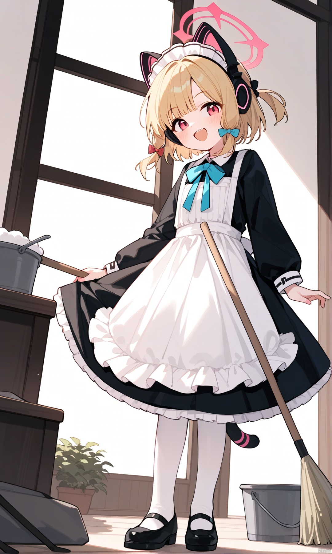 (score_9,score_8_up,score_7_up), (masterpiece),( beautiful),(high quality),(finely detailed),extremely detailed CG unity 8k wallpaper,best quality, 1girl, solo, looking at viewer, blush, smile, short hair, open mouth, blonde hair, simple background, red eyes, long sleeves, white background, dress, bow, holding, animal ears, tail, pantyhose, frills, shoes, alternate costume, cat ears, apron, black dress, cat tail, maid, maid headdress, window, fake animal ears, headphones, halo, frilled dress, white apron, maid apron, broom, white pantyhose, frilled apron, enmaided, bucket, holding broom, animal ear headphones, cat ear headphones, mop, momoi \(blue archive\),momoiBA