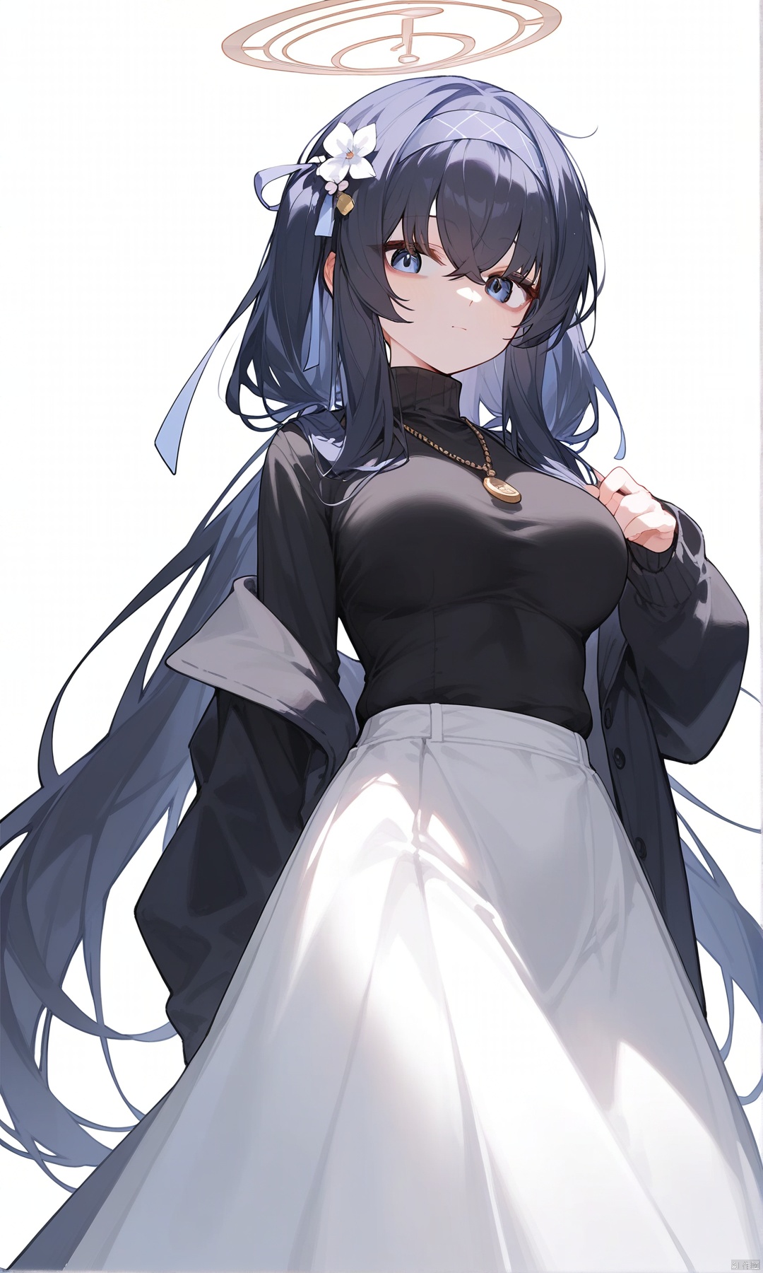 (score_9,score_8_up,score_7_up), (masterpiece),( beautiful),(high quality),(finely detailed),extremely detailed CG unity 8k wallpaper,best quality, 1girl, solo, long hair, breasts, looking at viewer, bangs, blue eyes, large breasts, shirt, black hair, long sleeves, white background, hair between eyes, twintails, jewelry, very long hair, closed mouth, hairband, necklace, sweater, covered navel, turtleneck, halo, bags under eyes, black sweater, blue hairband, skirt, long skirt, white skirt,ui \(blue archive\),uiBA