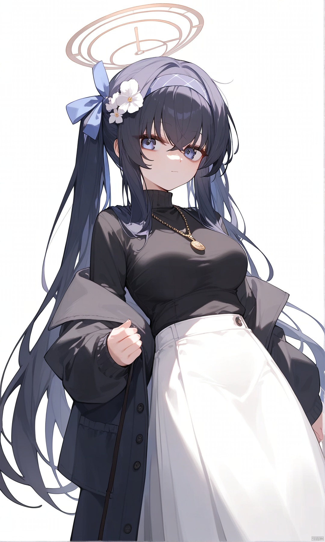 (score_9,score_8_up,score_7_up), (masterpiece),( beautiful),(high quality),(finely detailed),extremely detailed CG unity 8k wallpaper,best quality, 1girl, solo, long hair, breasts, looking at viewer, bangs, blue eyes, large breasts, shirt, black hair, long sleeves, white background, hair between eyes, twintails, jewelry, very long hair, closed mouth, hairband, necklace, sweater, covered navel, turtleneck, halo, bags under eyes, black sweater, blue hairband, skirt, long skirt, white skirt,ui \(blue archive\),uiBA