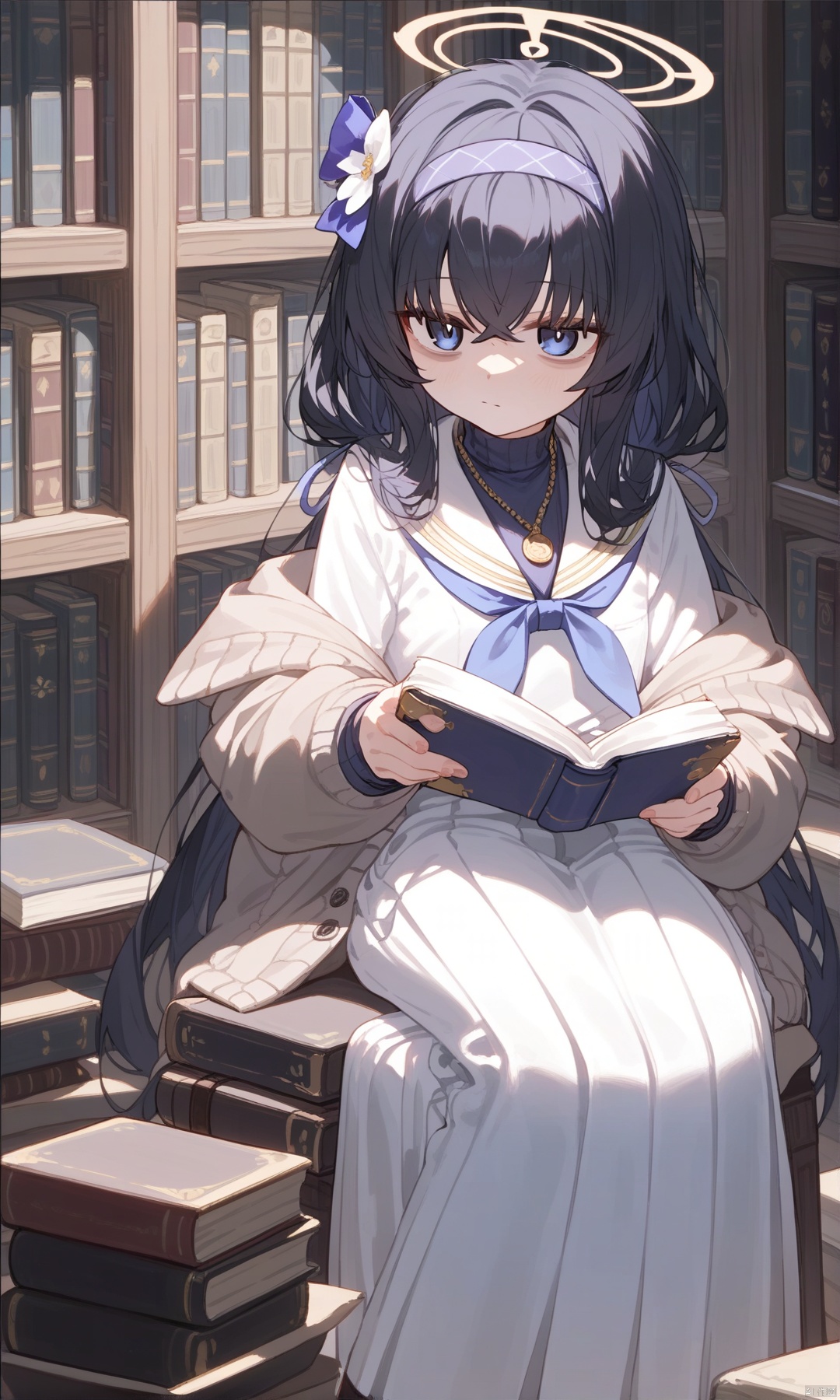 (score_9,score_8_up,score_7_up), (masterpiece),( beautiful),(high quality),(finely detailed),extremely detailed CG unity 8k wallpaper,best quality, 1girl, solo, long hair, bangs, blue eyes, skirt, black hair, long sleeves, holding, hair between eyes, jewelry, sitting, very long hair, closed mouth, pantyhose, pleated skirt, hairband, indoors, sailor collar, necklace, sweater, neckerchief, book, halo, chair, white skirt, cardigan, holding book, long skirt, bookshelf, bags under eyes, slippers, blue neckerchief, blue hairband, book stack, ui \(blue archive\),uiBA