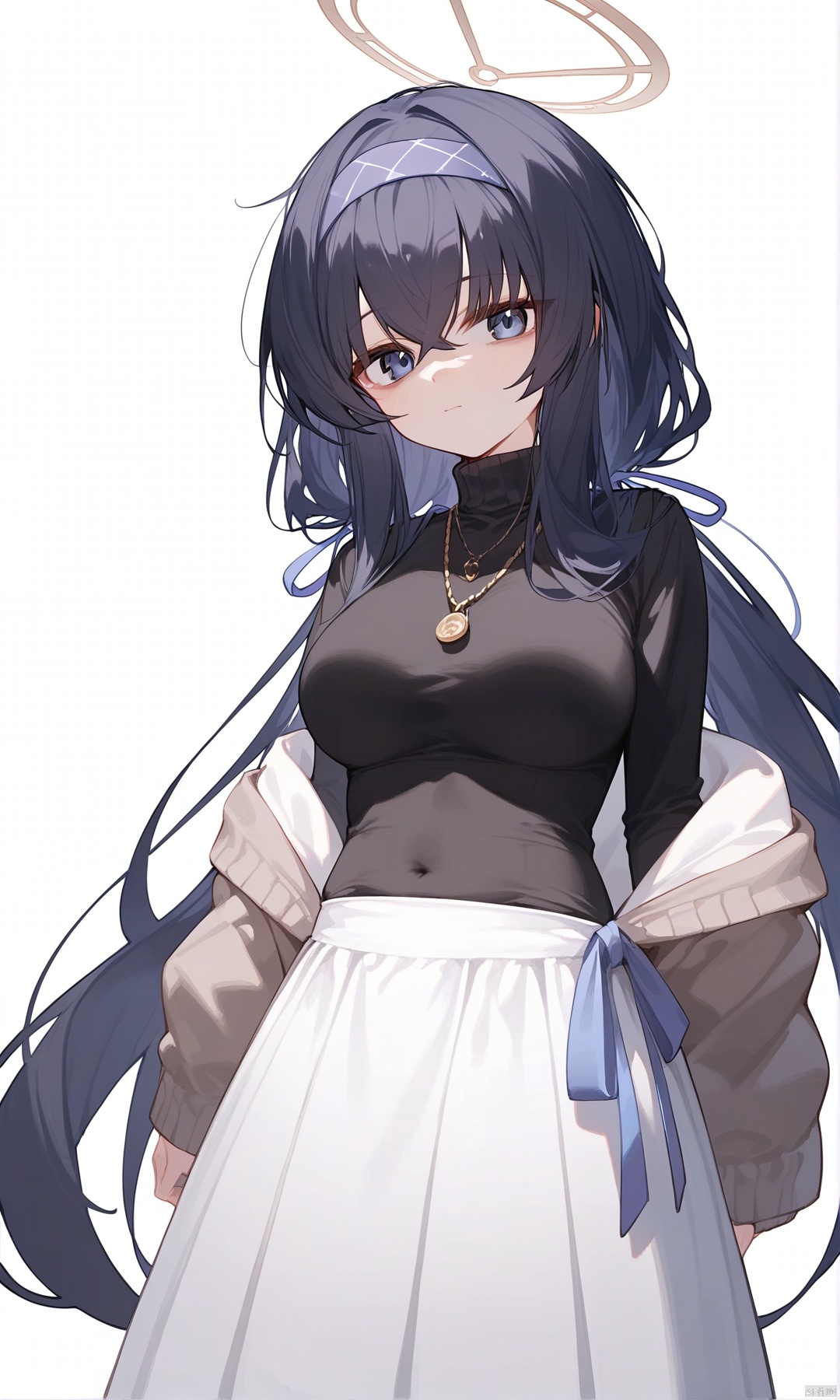 (score_9,score_8_up,score_7_up), (masterpiece),( beautiful),(high quality),(finely detailed),extremely detailed CG unity 8k wallpaper,best quality, 1girl, solo, long hair, breasts, looking at viewer, bangs, blue eyes, large breasts, shirt, black hair, long sleeves, white background, hair between eyes, twintails, jewelry, very long hair, closed mouth, hairband, necklace, sweater, covered navel, turtleneck, halo, bags under eyes, black sweater, blue hairband, white skirt,ui \(blue archive\),uiBA