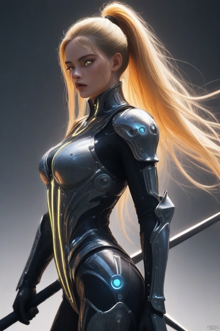 1girl, solo, breasts, looking at viewer, bangs, ILSCICNGG, 1girl, solo, long hair, breasts, blonde hair, medium breasts, ponytail, weapon, cowboy shot, armor, from side, bodysuit, glowing,