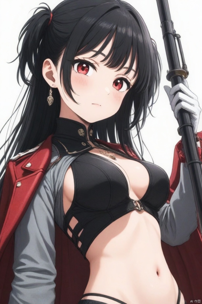 1girl, solo, breasts, looking at viewer, bangs, black hair, red eyes, gloves, long sleeves, white background, navel, holding, jewelry, medium breasts, closed mouth, jacket, 