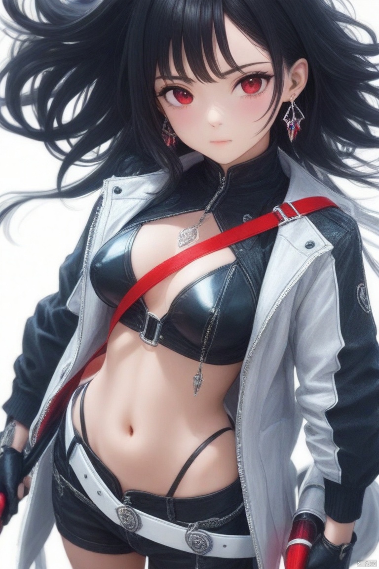 1girl, solo, breasts, looking at viewer, bangs, black hair, red eyes, gloves, long sleeves, white background, navel, holding, jewelry, medium breasts, closed mouth, jacket, 