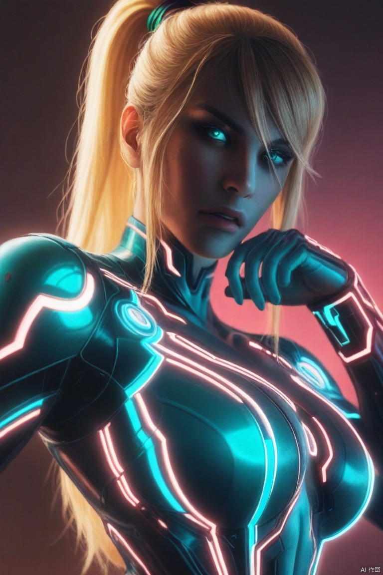 1girl, solo, breasts, looking at viewer, bangs, ILSCICNGG, 1girl, solo, glowing, science fiction, realistic, neon trim, zero suit, samus aran
