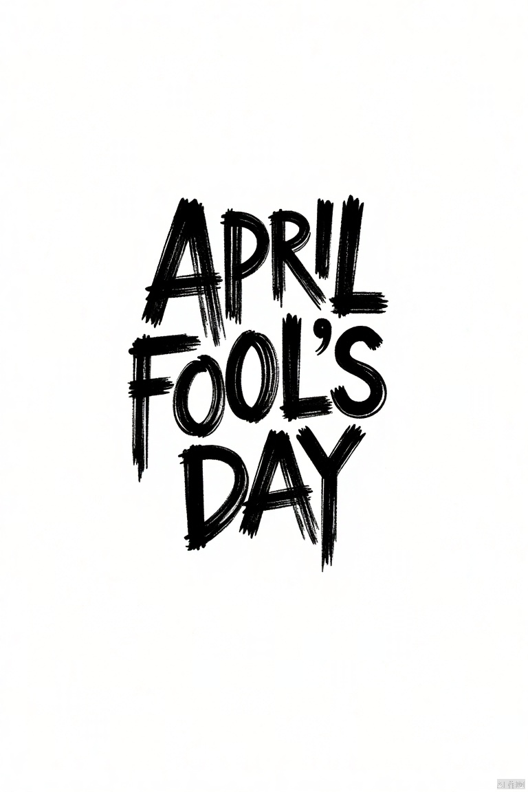 Font design, solo, simple background, scribbling, brush strokes, tilted dynamic, decorative strokes, text layout art, creative hand-drawn font design, white background, monochrome, grayscale, English text, text focus, artistic creation, text "April Fool's Day"