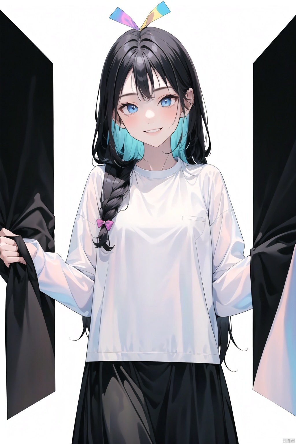 1girl, solo, long hair, looking at viewer, smile, bangs, skirt, simple background, shirt, black hair, long sleeves, white background, ribbon, , A girl so cool
Illustration style,
Illusionary colors,
Colorful