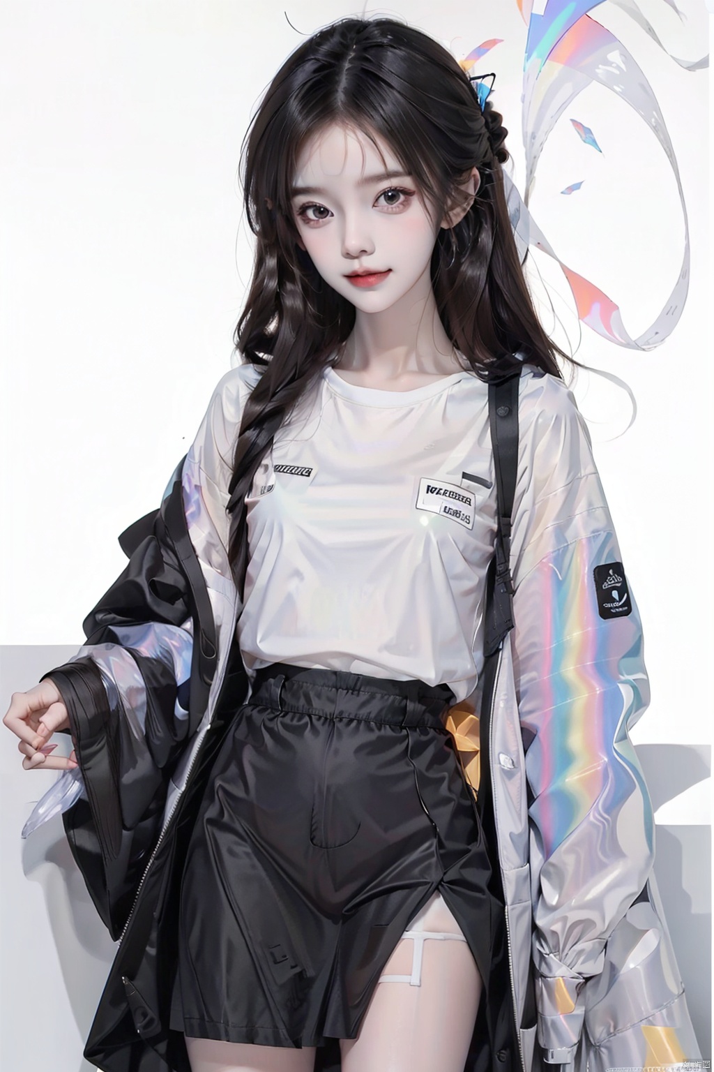 1girl, solo, long hair, looking at viewer, smile, bangs, skirt, simple background, shirt, black hair, long sleeves, white background, ribbon, , A girl so cool
Illustration style,
Illusionary colors,
Colorful