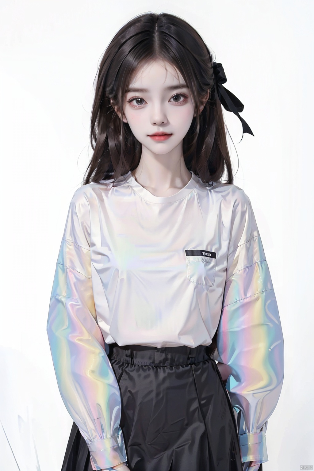 1girl, solo, long hair, looking at viewer, smile, bangs, skirt, simple background, shirt, black hair, long sleeves, white background, ribbon, , A girl so cool
Illustration style,
Illusionary colors,
Colorful
