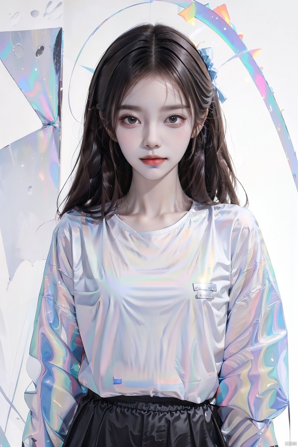 1girl, solo, long hair, looking at viewer, smile, bangs, skirt, simple background, shirt, black hair, long sleeves, white background, ribbon, , A girl so cool
Illustration style,
Illusionary colors,
Colorful