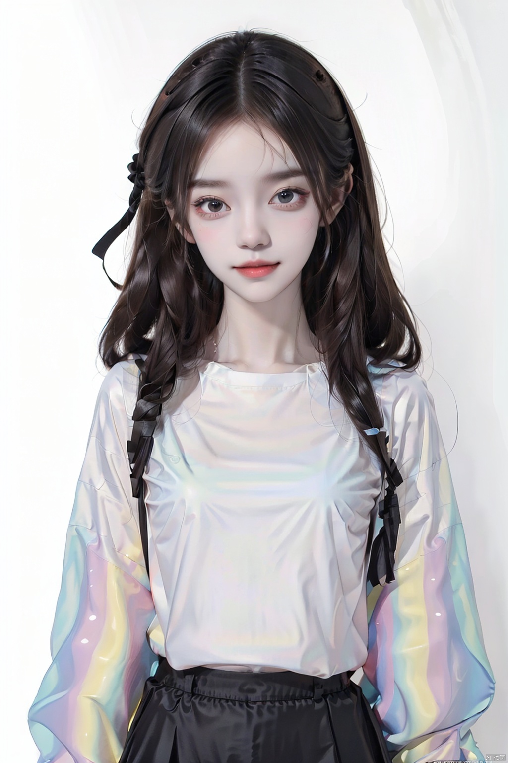 1girl, solo, long hair, looking at viewer, smile, bangs, skirt, simple background, shirt, black hair, long sleeves, white background, ribbon, , A girl so cool
Illustration style,
Illusionary colors,
Colorful