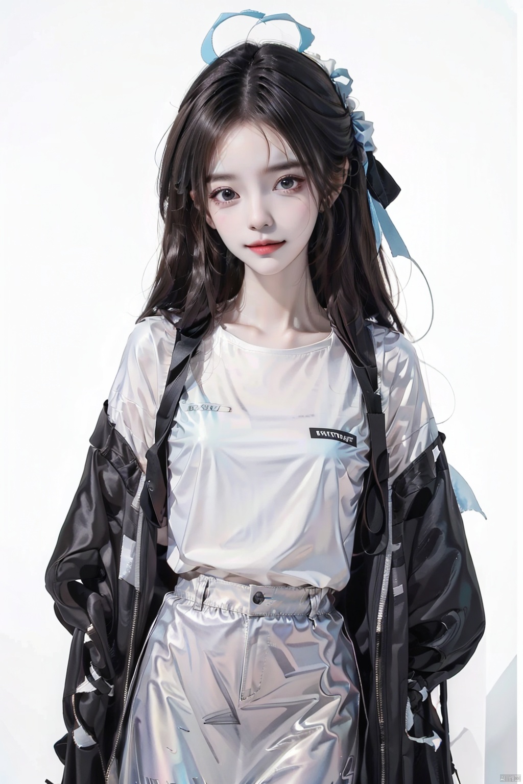 1girl, solo, long hair, looking at viewer, smile, bangs, skirt, simple background, shirt, black hair, long sleeves, white background, ribbon, , A girl so cool
Illustration style,
Illusionary colors,
Colorful