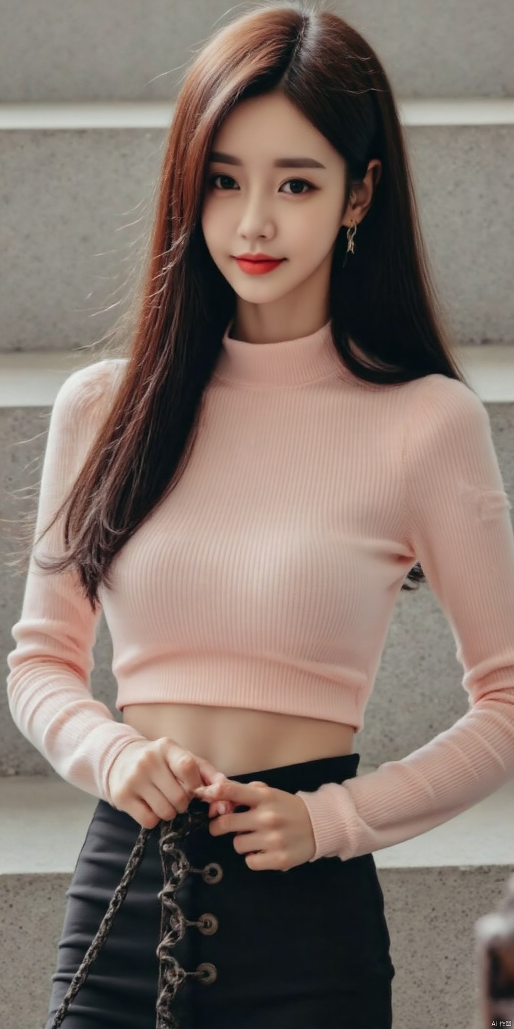 (Good structure), HDR, UHD, 8K, A real person, Highly detailed, best quality, masterpiece, 1girl, realistic, Highly detailed, (EOS R8, 50mm, F1.2, 8K, RAW photo:1.2), ultra realistic 8k, (best illumination, best shadow, extremely delicate and beautiful), (official art, beautiful and aesthetic:1.2), solo, 1girl, , Wind, flowing hair, kind smile, , pose for picture, Dynamic pose, looking_at_viewer, , perfect body, jujingyi, 1girl, solo, jewelry, long hair, earrings, bag, pants, handbag, holding, sleeves past wrists, shirt, black hair, crop top, long sleeves, midriff, smile, holding bag, standing,abb,sunyunzhu