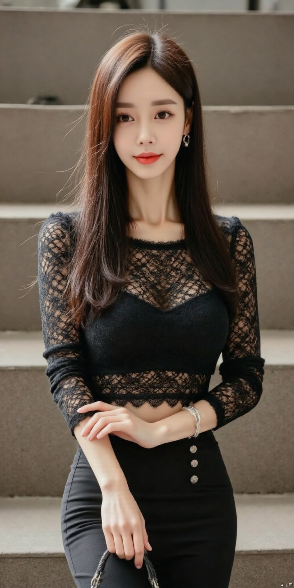 (Good structure), HDR, UHD, 8K, A real person, Highly detailed, best quality, masterpiece, 1girl, realistic, Highly detailed, (EOS R8, 50mm, F1.2, 8K, RAW photo:1.2), ultra realistic 8k, (best illumination, best shadow, extremely delicate and beautiful), (official art, beautiful and aesthetic:1.2), solo, 1girl, , Wind, flowing hair, kind smile, , pose for picture, Dynamic pose, looking_at_viewer, , perfect body, jujingyi, 1girl, solo, jewelry, long hair, earrings, bag, pants, handbag, holding, sleeves past wrists, shirt, black hair, crop top, long sleeves, midriff, smile, holding bag, standing,abb,sunyunzhu