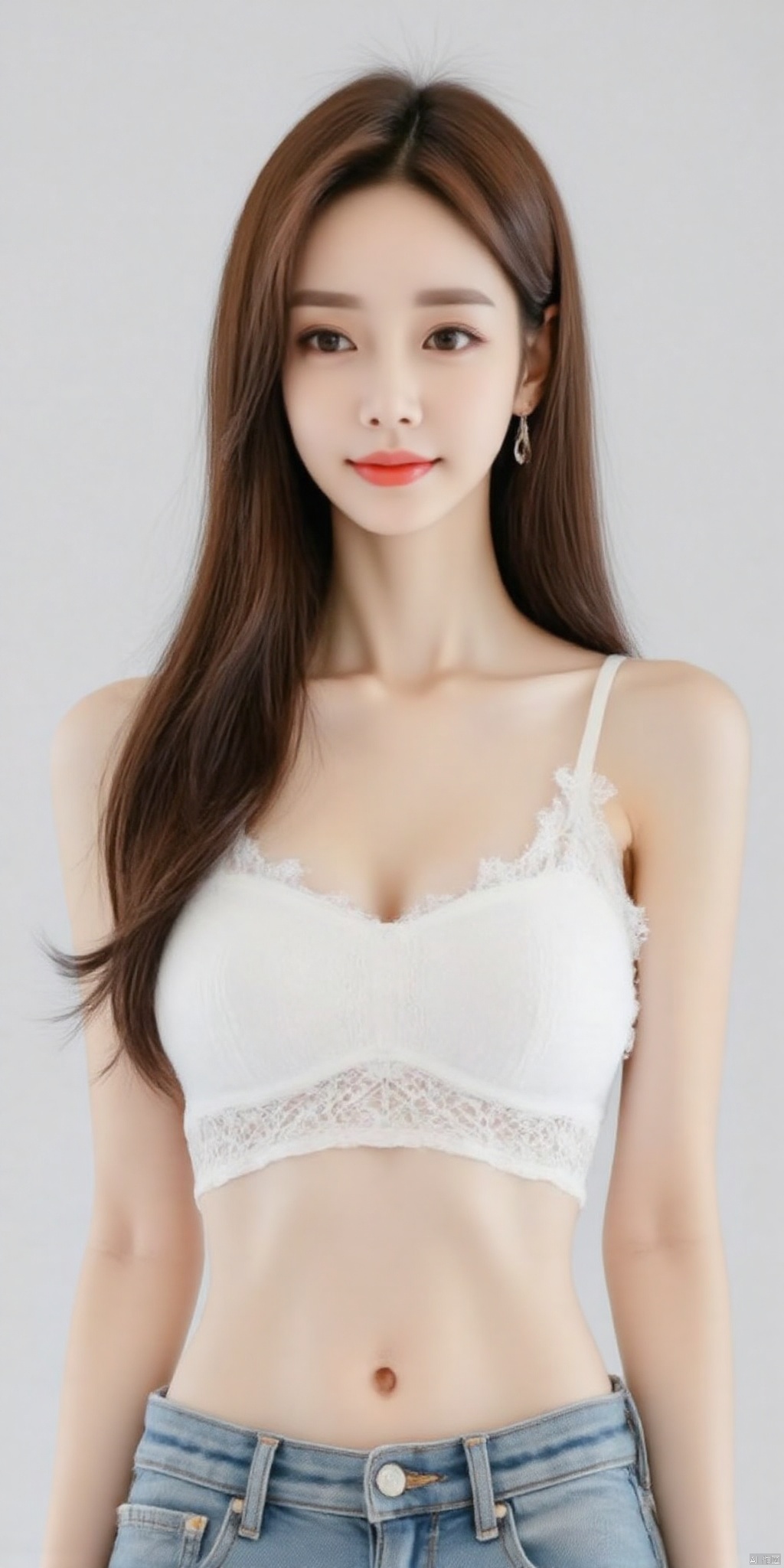A 3D rendering of a woman with long brown hair. She is wearing a white bra and blue jeans. The woman's hair is long and cascades over her shoulders. Her eyes are blue and her lips are red. Her hair is pulled back in a ponytail. She has a slight smile on her face. The background is a light gray color.