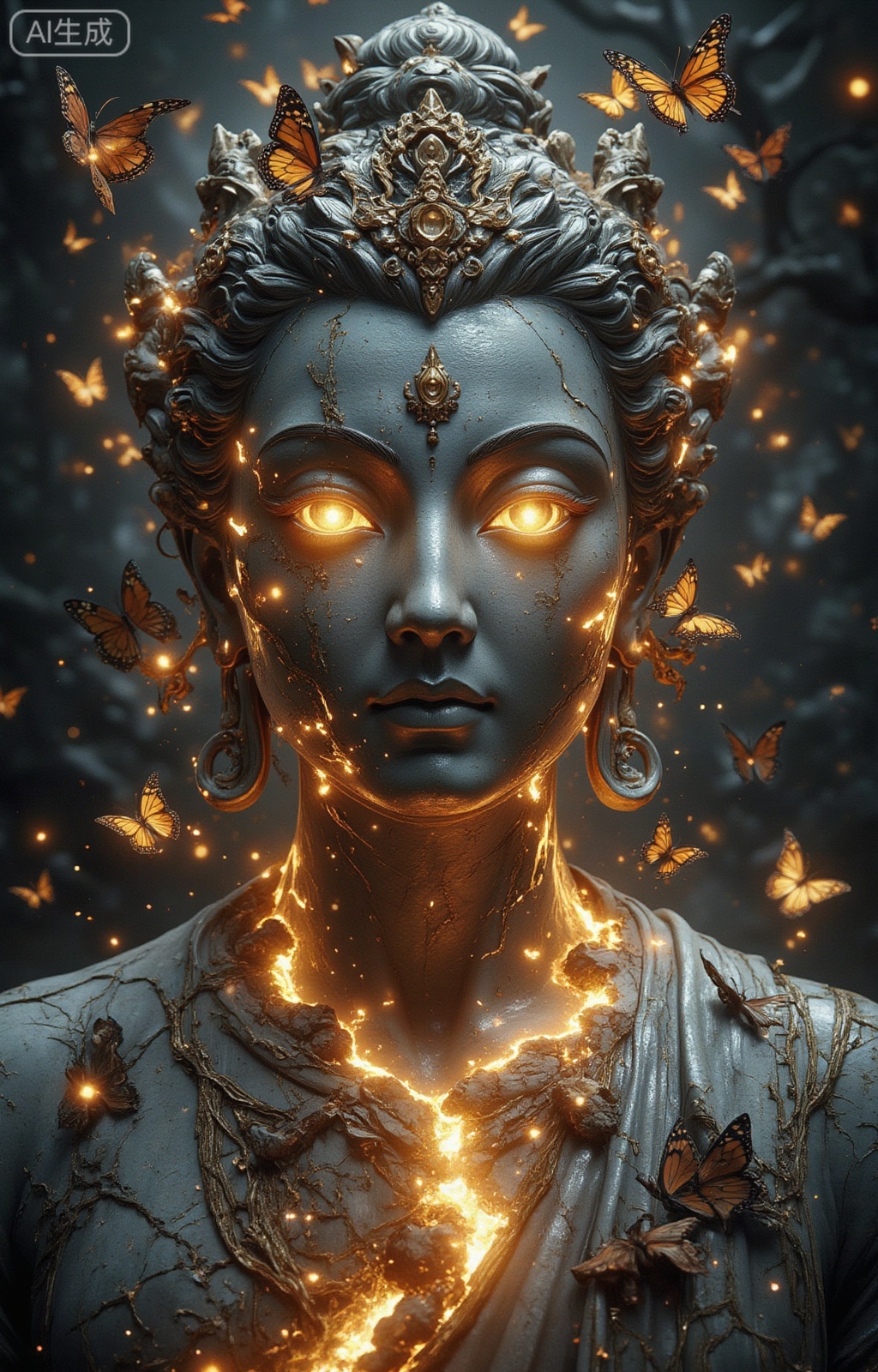 A mystical scene unfolds: a dual-exposed deity statue emerges from darkness. Marble skin crackles and fissures, revealing pulsing magma veins that glow like embers. Amidst this fiery transformation, prayer papers suspended in mid-air ignite, morphing into swarms of monarch butterflies fluttering around the statues' ancient stone eyes. The gaze of these weathered orbs now projects celestial maps of constellations, as if divinely illuminating the mystical convergence.